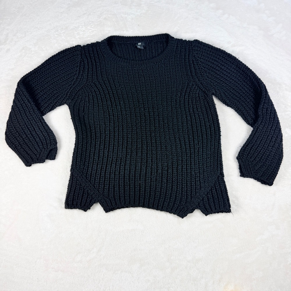 H&M Womens Chunky Shaker Knit Sweater M Black Crew Neck Wool Blend Split Hem